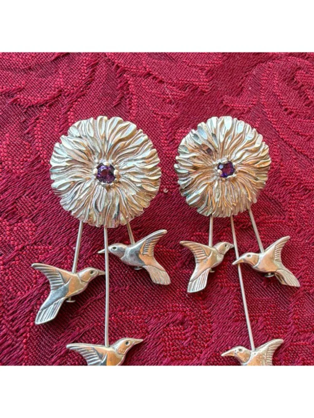 Carolyn Pollack 925 Sterling Silver Hummingbird Amethyst Flower Dangle Earrings